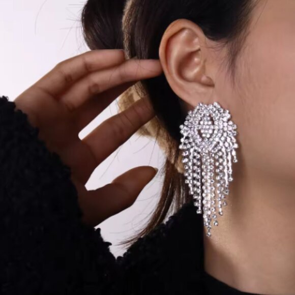 LUXURY Rhinestone Tassel Drop Earrings - Bridal/Formal - Picture 2 of 5